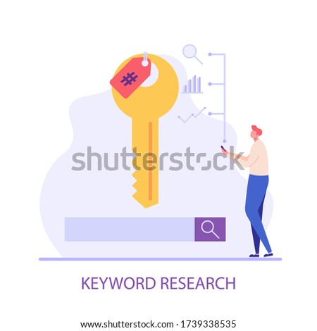 Advertising manager analyzes and selects keywords. Keyword research. Concept of search engine optimization, SEO ranking, digital marketing. Vector illustration in flat design for web banner