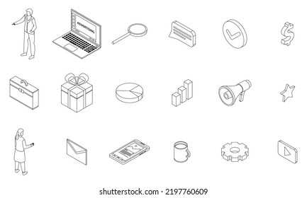 Advertising manager icons set. Isometric set of advertising manager vector icons outline thin lne isolated on white