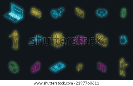 Advertising manager icons set. Isometric set of advertising manager vector icons neon color on black