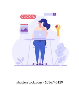 Advertising manager making money with PPC campaign. Pay per click management. Concept of SEO, digital marketing, internet contextual advertising. Vector illustration in flat design for web banner
