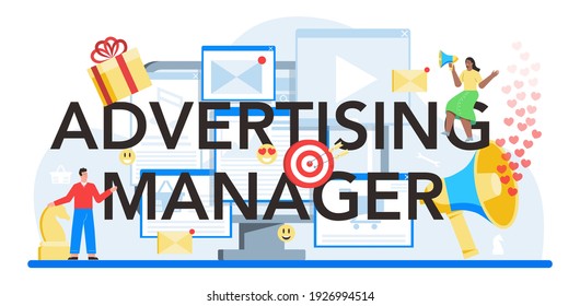 Advertising manager typographic header. Idea of making announcements through mass media to advertise business. Strategy development and customer feedback. Flat vector illustration