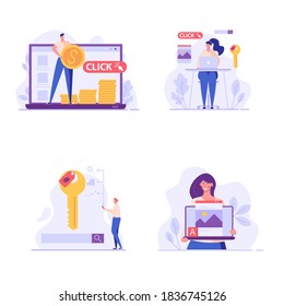 Directores de publicidad ganando dinero con la campaña del PPC. Administración de pago por clic. Colección de SEO, marketing digital, publicidad contextual de internet. Conjunto de ilustraciones vectoriales en diseño plano