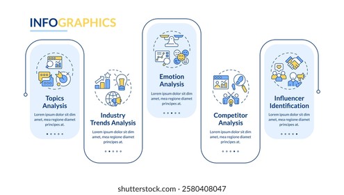 Advertising market research rectangle infographic vector. Social media trends, analytics. Data visualization with 5 steps. Editable rectangular options chart