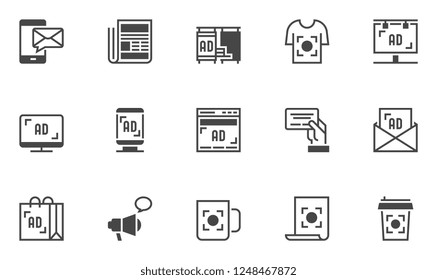 Advertising And Marketing Ads Vector Icons Set. Mailing, Product Promotion, Outdoor Billboard, Press Advertising. Editable Stroke. 48x48 Pixel Perfect.