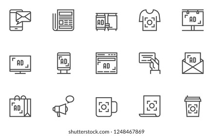 Advertising And Marketing Ads Vector Line Icons Set. Mailing, Product Promotion, Outdoor Billboard, Press Advertising. Editable Stroke. 48x48 Pixel Perfect.