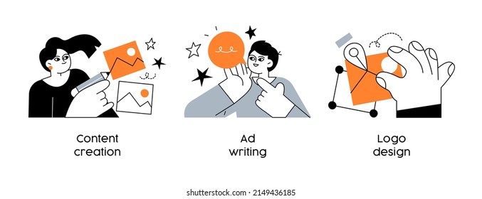 Advertising Marketing Campaign or Advertising Service - set of business concept illustrations. Content creation, Ad writing, Logo design. Visual stories collection.