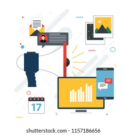 Advertising and marketing communication icons. Concepts for business marketing, analytics and strategy in social networks and social media. Flat design vector illustration.