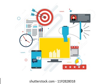 Advertising and marketing communication icons. Concepts for business marketing, analytics and strategy in social networks and social media. Flat design vector illustration.