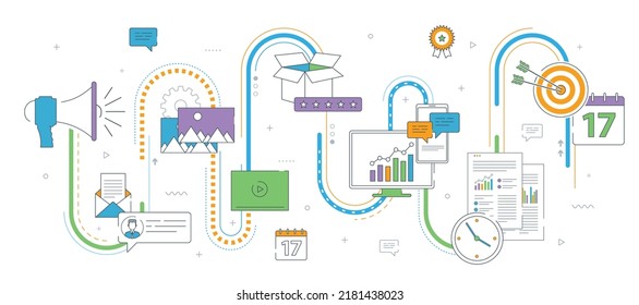 Advertising and marketing communication icons. Concepts for business marketing, analytics and strategy in social networks and social media. Flat design thin line vector illustration.