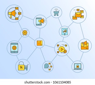 advertising and marketing concept diagram in blue background