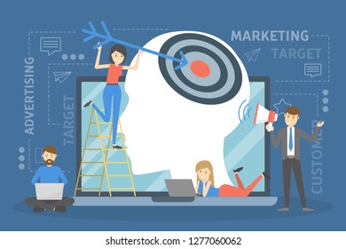 Advertising and marketing concept. Target in the head of human as metaphor of communication with customer. Business strategy and success. Flat vector illustration