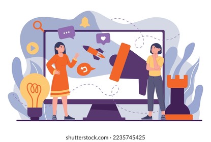 Advertising marketing concept. Women on background of computer monitor, modern technology and digital world. Advertising and promotion of goods and services online. Cartoon flat vector illustration
