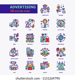 Advertising and Marketing Flat Outline 18 icons.Business promote Concept.