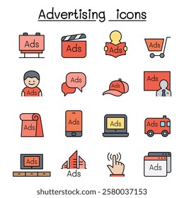 Advertising and Marketing icon set in color line style