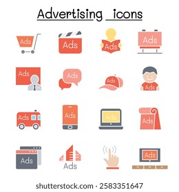 Advertising and Marketing icon set  in flat color style