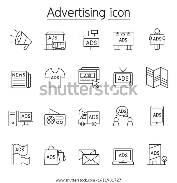 Advertising,\
marketing icon set in thin line\
style