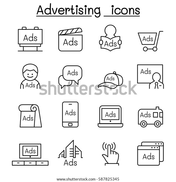 Advertising\
& Marketing icon set in thin line\
style
