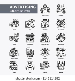 Advertising and Marketing Outline 18 icons.Business promote Concept.