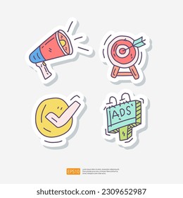 conjunto de iconos de doodle de pegatinas publicitarias y de marketing con megáfono, dart gol y público objetivo, marca de marca de verificación derecha, carteles al aire libre. ilustración de vector de mercado de negocio y destino