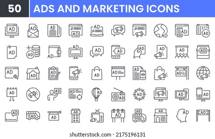 Advertising and Marketing vector line icon set. Contains linear outline icons like Billboard, Newspaper, TV, Radio, Promotion, Poster, Media, Megaphone, Communication, Email. Editable use and stroke.