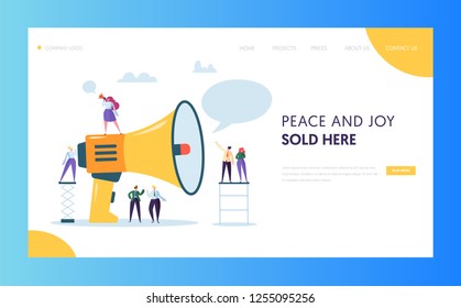 Advertising Mass Marketing Landing Page Website Template Design. Woman Scream Loudspeaker to Group of People for Web Page. Flat Cartoon Vector Illustration Character