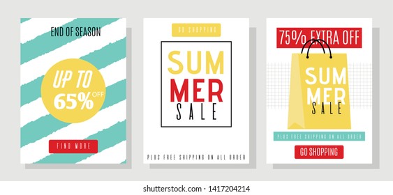 Advertising Media Banners Template Set with Summer Sales Offer. Social Pages with Great Discounts. Extra off up to 65 and 75 Percent. Online Shop Proposition to End of Season. Flat Vector Illustration