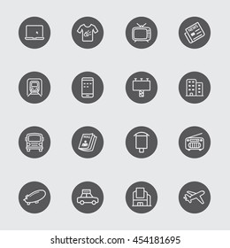 Advertising media in black circle line icon