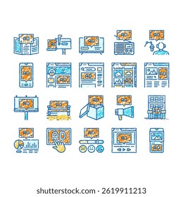advertising media business doodle icons set vector. advertisement marketing, promotion banner, communication social, internet digital advertising media business sketch hand drawn