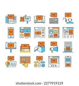 advertising media business icons set vector. advertisement marketing, promotion banner, communication social, internet digital advertising media business color line illustrations