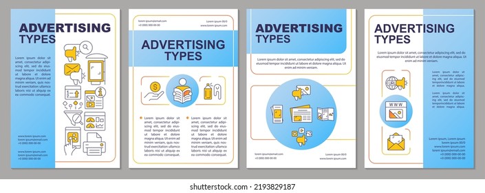 Advertising media channels blue brochure template. Content marketing. Leaflet design with linear icons. Editable 4 vector layouts for presentation, annual reports. Arial, Myriad Pro-Regular fonts used