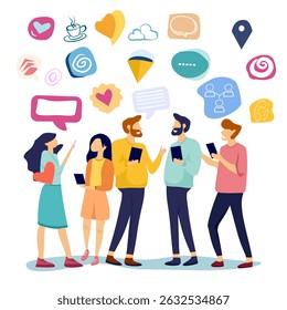 
Advertising media concept, online communication of people with talking symbols, people playing with mobile phones, speakers, Wifi symbols and online media in social media. flat cartoon image.