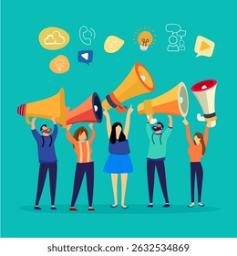 
Advertising media concept, online communication of people with talking symbols, people playing with mobile phones, speakers, Wifi symbols and online media in social media. flat cartoon image.