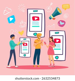
Advertising media concept, online communication of people with talking symbols, people playing with mobile phones, speakers, Wifi symbols and online media in social media. flat cartoon image.