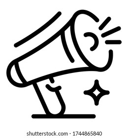 Icono de megáfono publicitario. Esquema de icono del vector megáfono de publicidad para el diseño web aislado en fondo blanco