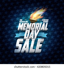 Advertising memorial day sale design, storewide savings, classic backdrop with stars, ribbon and torch fire, vector illustration