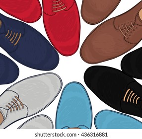 Advertising men's shoes assorted colors and sizes. Business style in clothes. Vector illustration