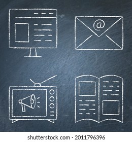 Advertising methods icon set on chalkboard. TV advertisement, email distribution, printed ads and website. Vector illustration.