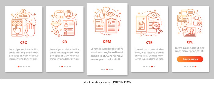 Advertising metrics onboarding mobile app page screen with linear concepts. Digital marketig. SMM. CTR, CPC, CPM, CR, CPL walkthrough graphic steps. UX, UI, GUI vector template with illustrations