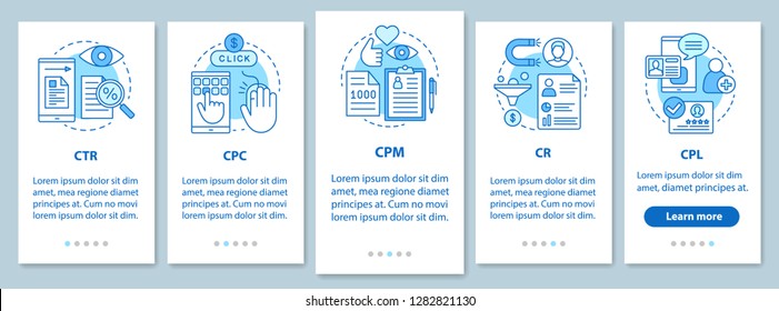 Advertising metrics onboarding mobile app page screen with linear concepts. Digital marketig. SMM. Sales conversion rate walkthrough graphic steps. UX, UI, GUI vector template with illustrations