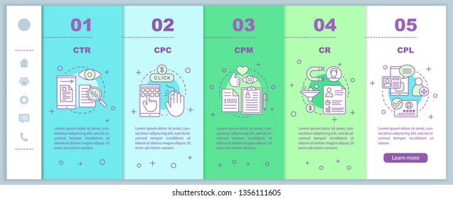 Advertising metrics onboarding mobile web pages vector template. Digital marketing. SMM. CTR, CPC, CPM, CR, CPL. Responsive smartphone website interface. Webpage walkthrough step screen. Color concept