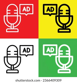 Advertising, mic Vector Icon, Outline style icon, from Advertisement icons collection, isolated on Red, Yellow, Green and White Background.