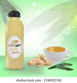 publicidad se burla del jugo de jengibre. Vector realista de jengibre con sus hojas. taza vectorial de jugo de jengibre. 