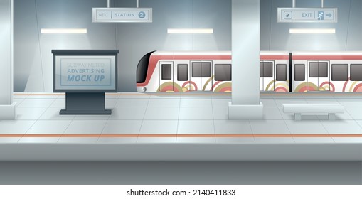 Advertising mockup on empty subway station platform with train in background realistic vector illustration