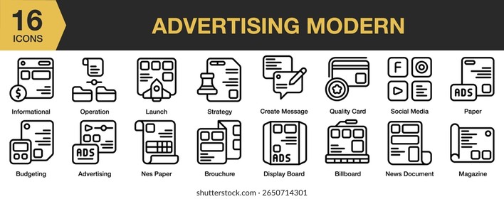 Advertising Modern icon set. Includes modern, design, advertising, business, creative, and More. Outline icons vector collection.