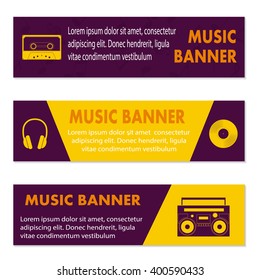Advertising musical banners with tape, tape recorder and  headphones, vector illustration