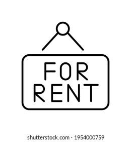 Advertising nameplate with text for rent monochrome icon vector illustration. Contoured hanging logo template of real estate service property accommodation isolated. Linear hire dwelling apartment