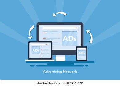 Advertising network, Digital advertising, Ad appearing on desktop, laptop and mobile phone - conceptual vector illustration isolated on blue background