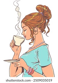 Advertising a new drink in a coffee shop or restaurant. The girl drinks a cup of hot drink. Banner for coffee and tea shops. Pop Art Retro Vector Illustration Kitsch Vintage 50s 60s Style. On a white