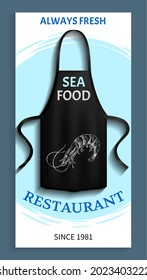 Advertising of new fish cafe. Apparel for cooking seafood. Black apron with sea food restaurant logo image. Apron for protection of clothes in kitchen. Restaurant advertising brochure template