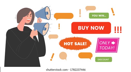 Advertising noise vector flat illustration. Young woman with loudspeakers shouts about a special offers, discounts, and sales. Girl speaking in megaphone to tell marketing information.